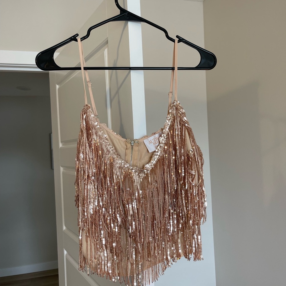 Francesca's Collections Sequin Fringe Top in Rose Gold